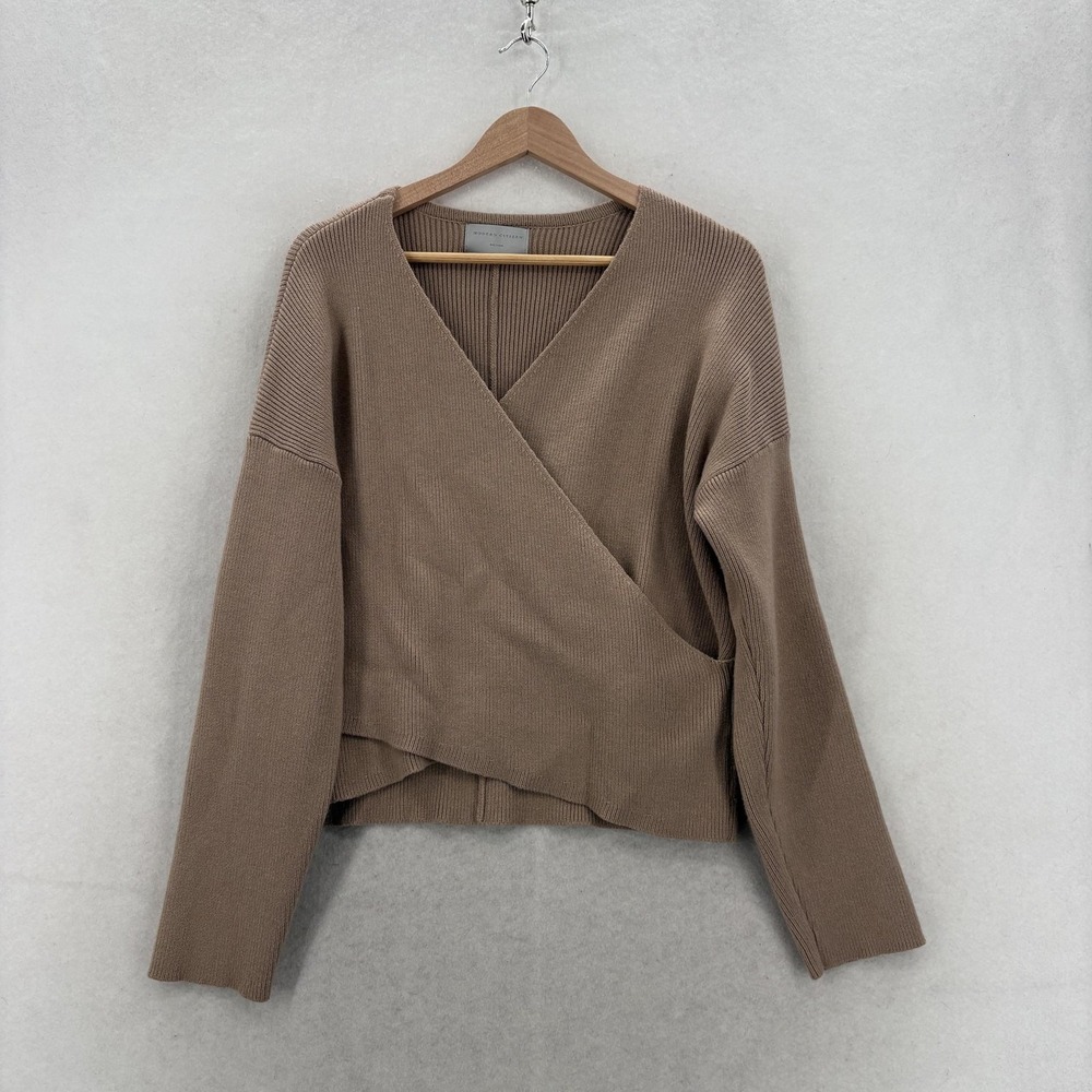 Modern Citizen Faux Wrap Sweater Womens M Brown V Neck Long Sleeve Knit Pullover